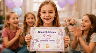 A child holding a Tiny Trail Adventures completion certificate.